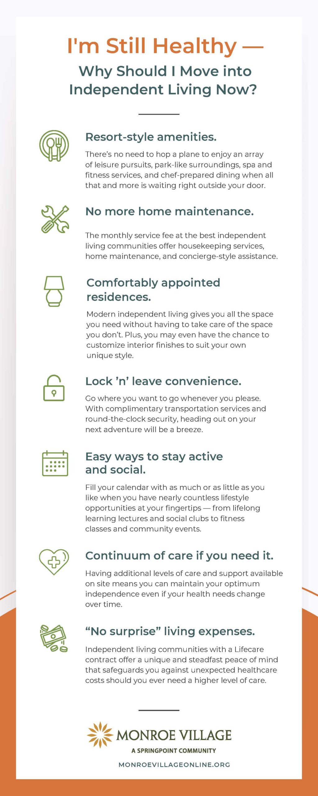 Infographic showing why seniors should move into independent living now