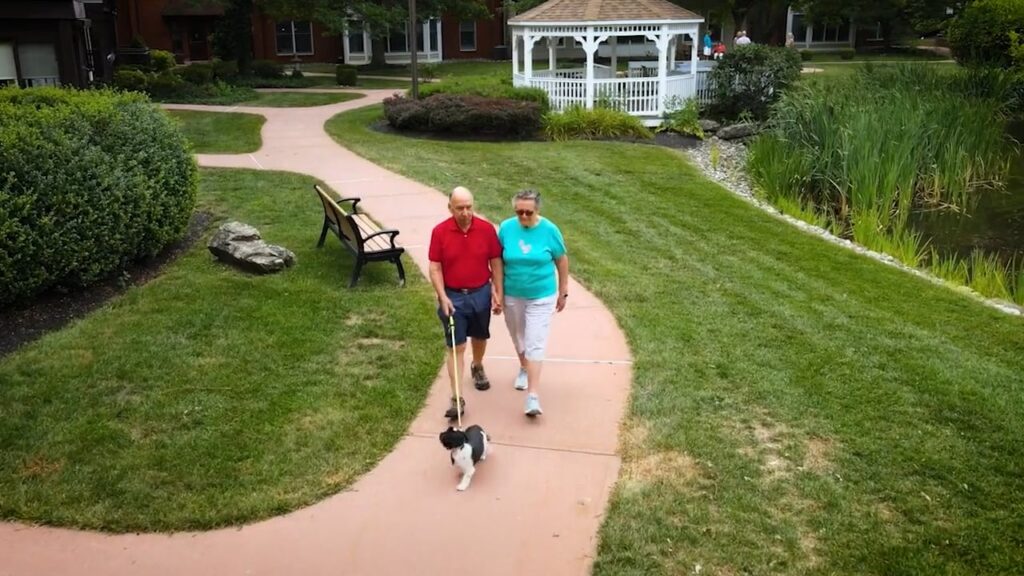 Seniors walking a dog