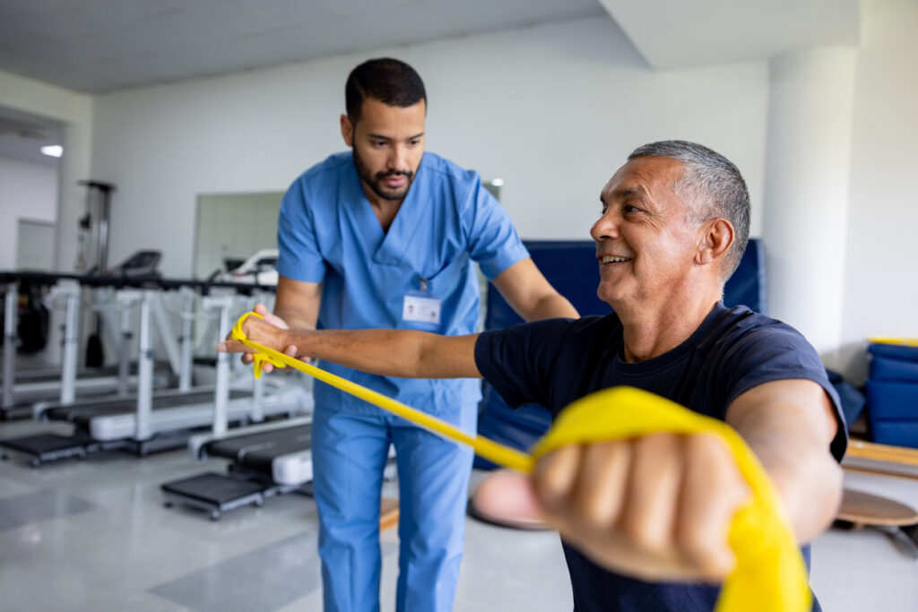 senior rehab with caregiver